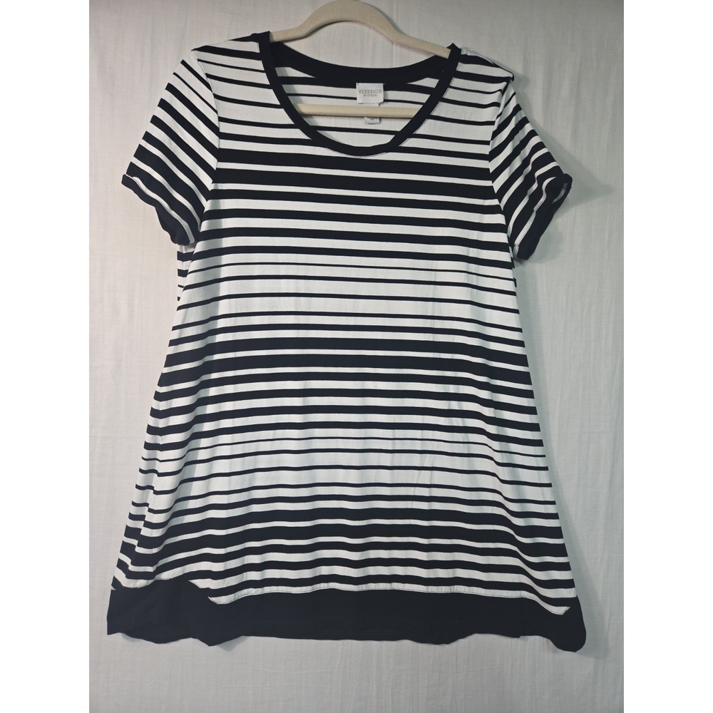 Weekends by Chico's Women's 1 (M/8) Black White Stripe Tunic Top Short Sleeves